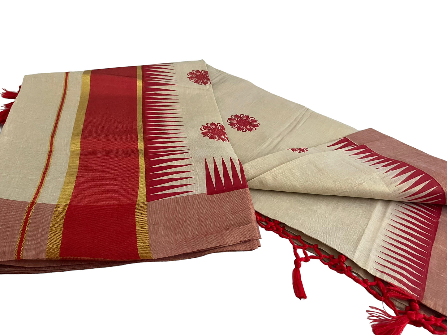 Kerala Saree brown prints in  red and gold kasavu sari| Petelz | Indian sari cotton tissue | red saree with tassels for navratri| Christmas