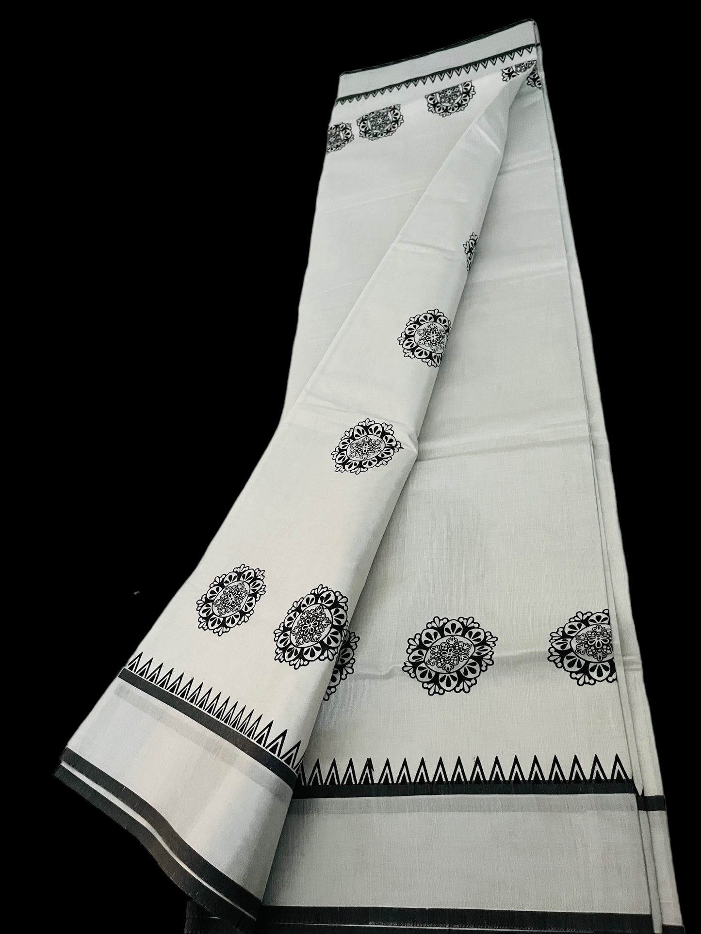 Kerala Saree black silver Tissue with black flower prints | Indian Onam Saree l Kerala Silver Set Saree| Petelz | petals