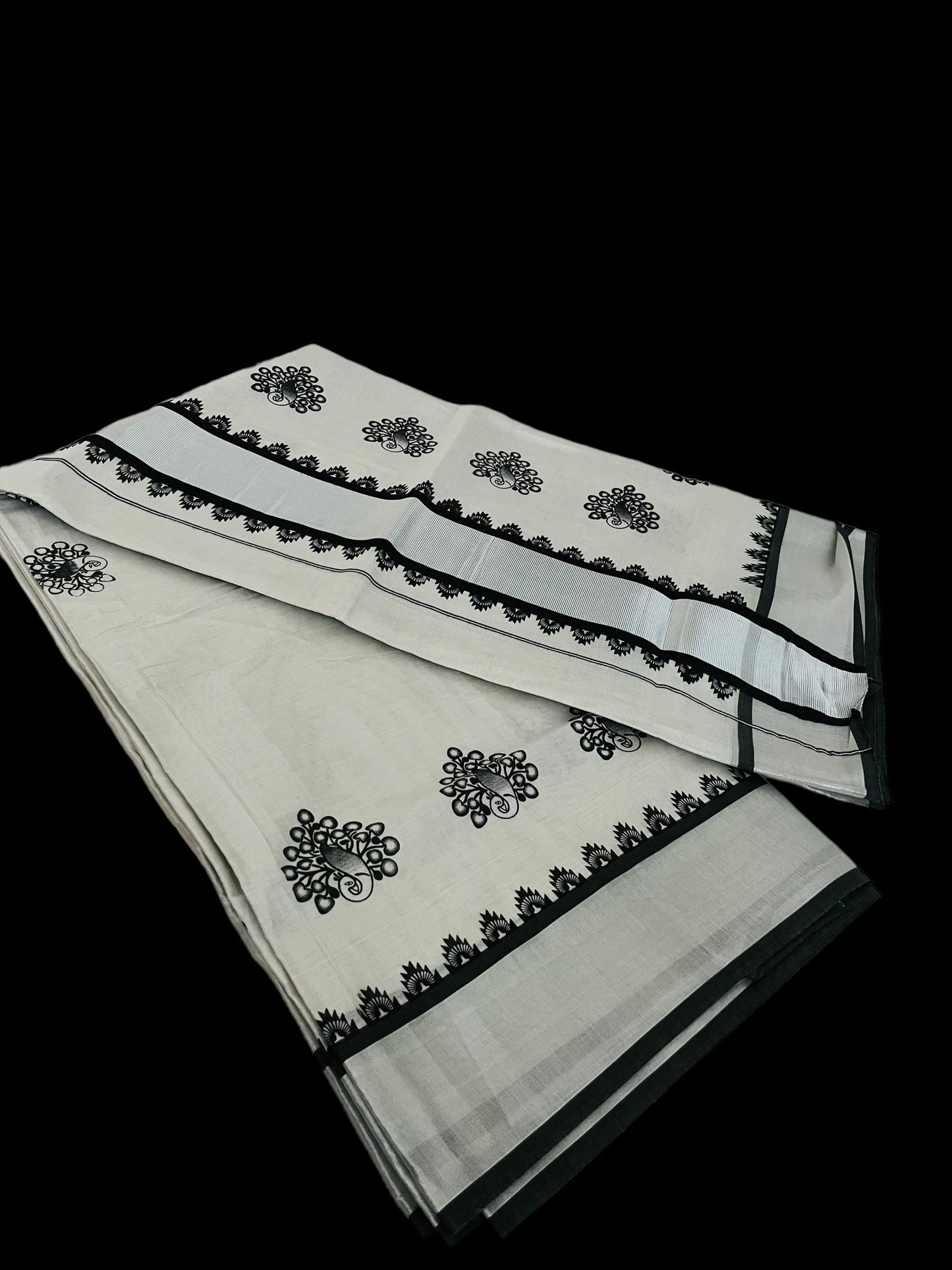 Kerala Saree black silver Tissue with black leaves prints | Indian Onam Saree l Kerala Silver Set Saree| Petelz | Silver Tissue sari