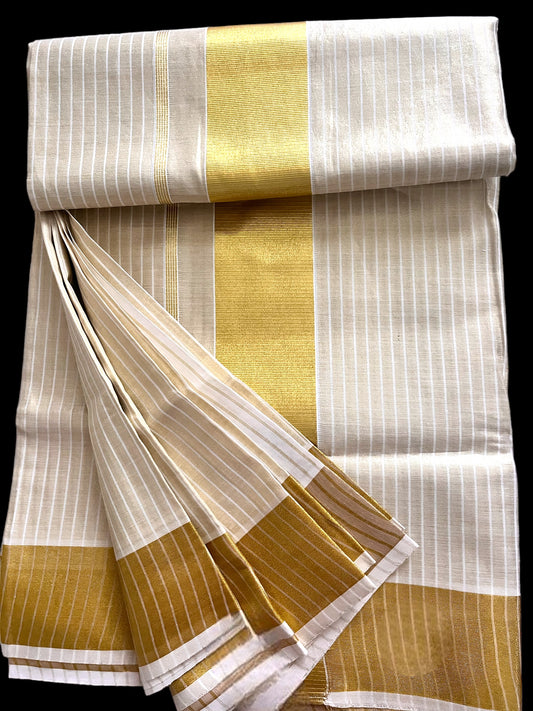 Kerala Onam Vishu Set Saree Gold border with stripe pattern  | Kerala Saree Tissue Saree | Petelz | |Indian Saree with kasavu border