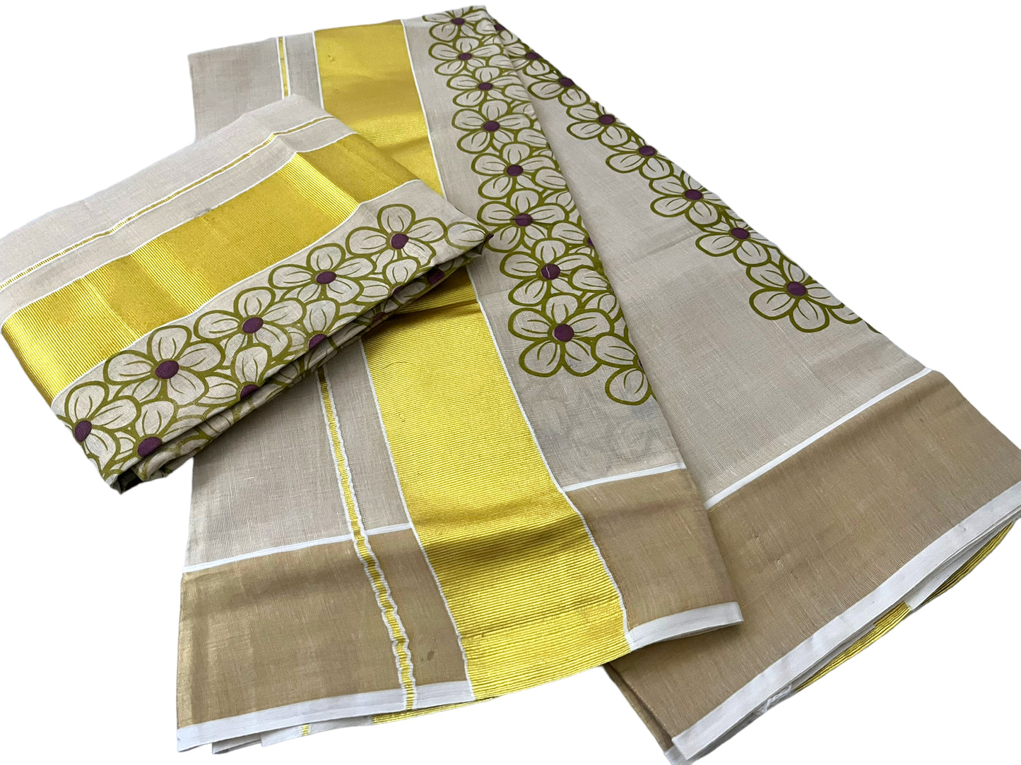 Kerala set Mundu Gold Olive green Tissue with flower prints Onam Saree Mundum Neriyathum| Petelz|petals |Indian Kerala  Saree