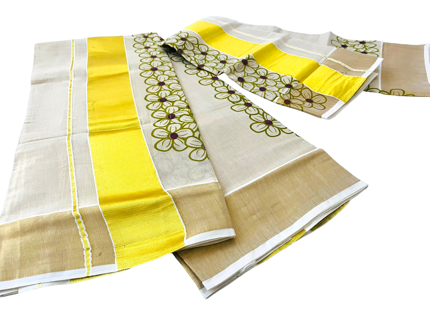 Kerala set Mundu Gold Olive green Tissue with flower prints Onam Saree Mundum Neriyathum| Petelz|petals |Indian Kerala  Saree