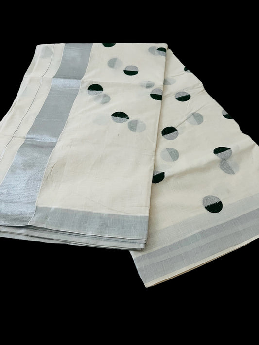 Kerala Traditional Cotton Silver green polka dots  Saree | Onam Saree Silver Red Saree | Petelz |Traditional Indian Saree