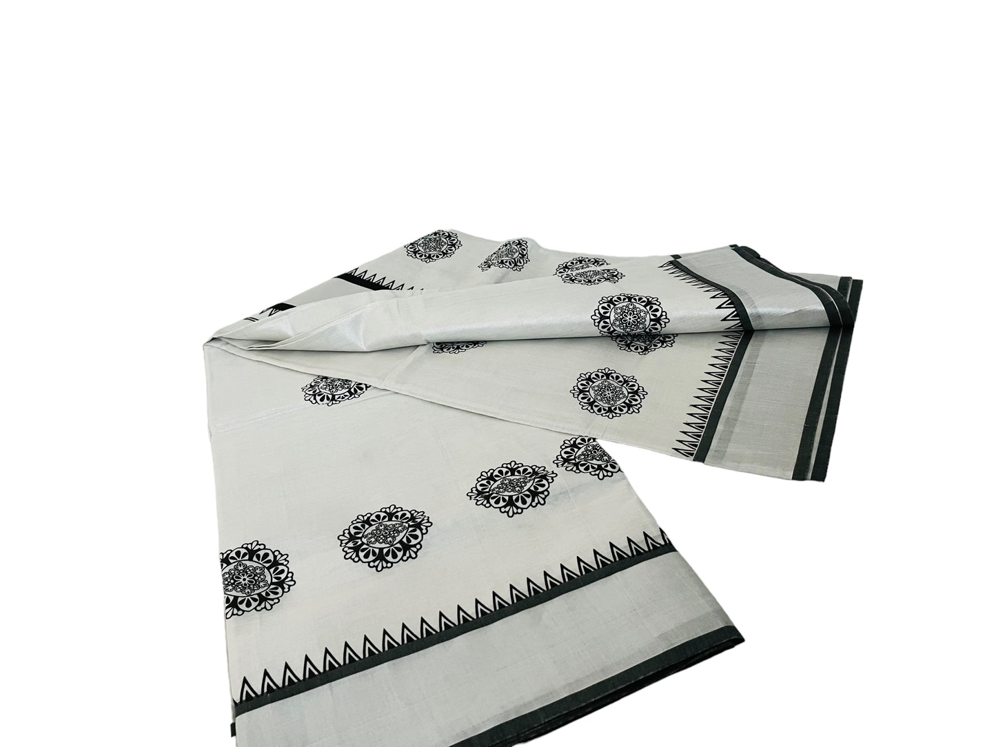 Kerala Saree black silver Tissue with black flower prints | Indian Onam Saree l Kerala Silver Set Saree| Petelz | petals