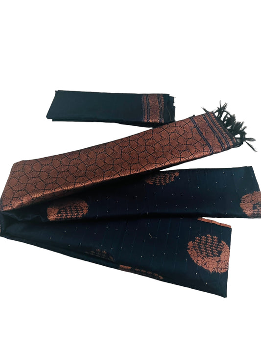 Deep blue Silk Saree | Contrast copper zari designs with fall and pico done| navratri Diwali special | petelz