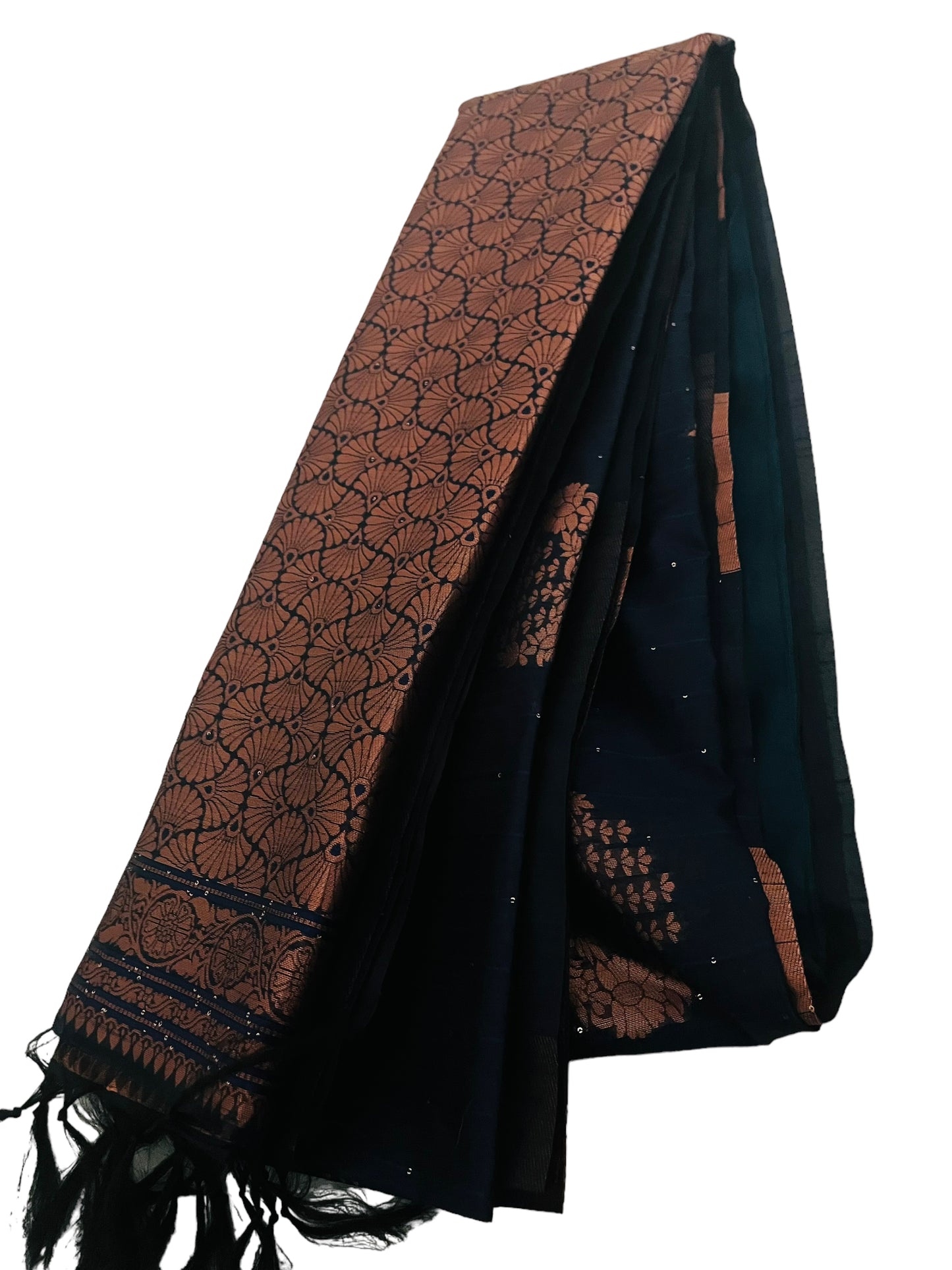 Deep blue Silk Saree | Contrast copper zari designs with fall and pico done| navratri Diwali special | petelz