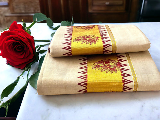 Kerala Traditional set Mundu Tissue dark red flowers print in gold kasavu| Onam Vishu Mundum Neriyathum| Petelz| Indian  Saree| Janmashtami