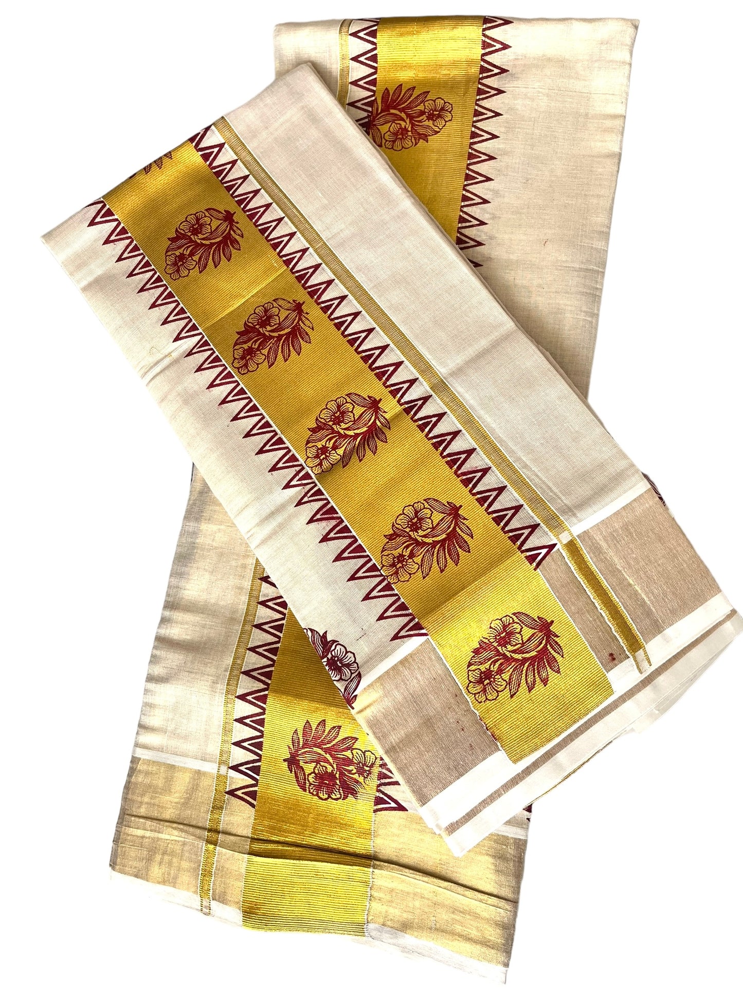 Kerala Traditional set Mundu Tissue dark red flowers print in gold kasavu| Onam Vishu Mundum Neriyathum| Petelz| Indian  Saree| Janmashtami