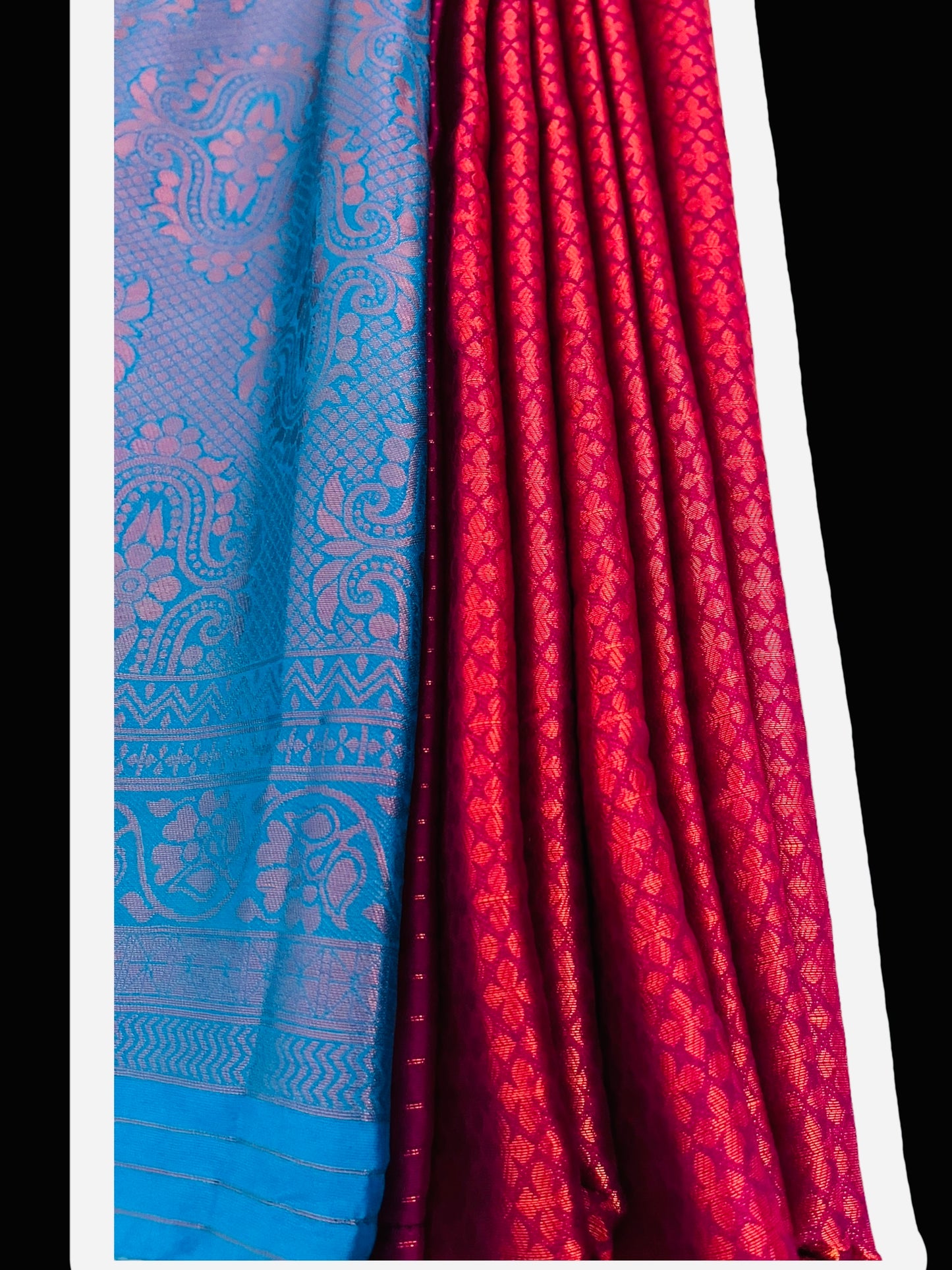 Purple and Bright blue pure Silk Saree | Contrast copper zari designs with fall and pico done| navratri Diwali special | petelz