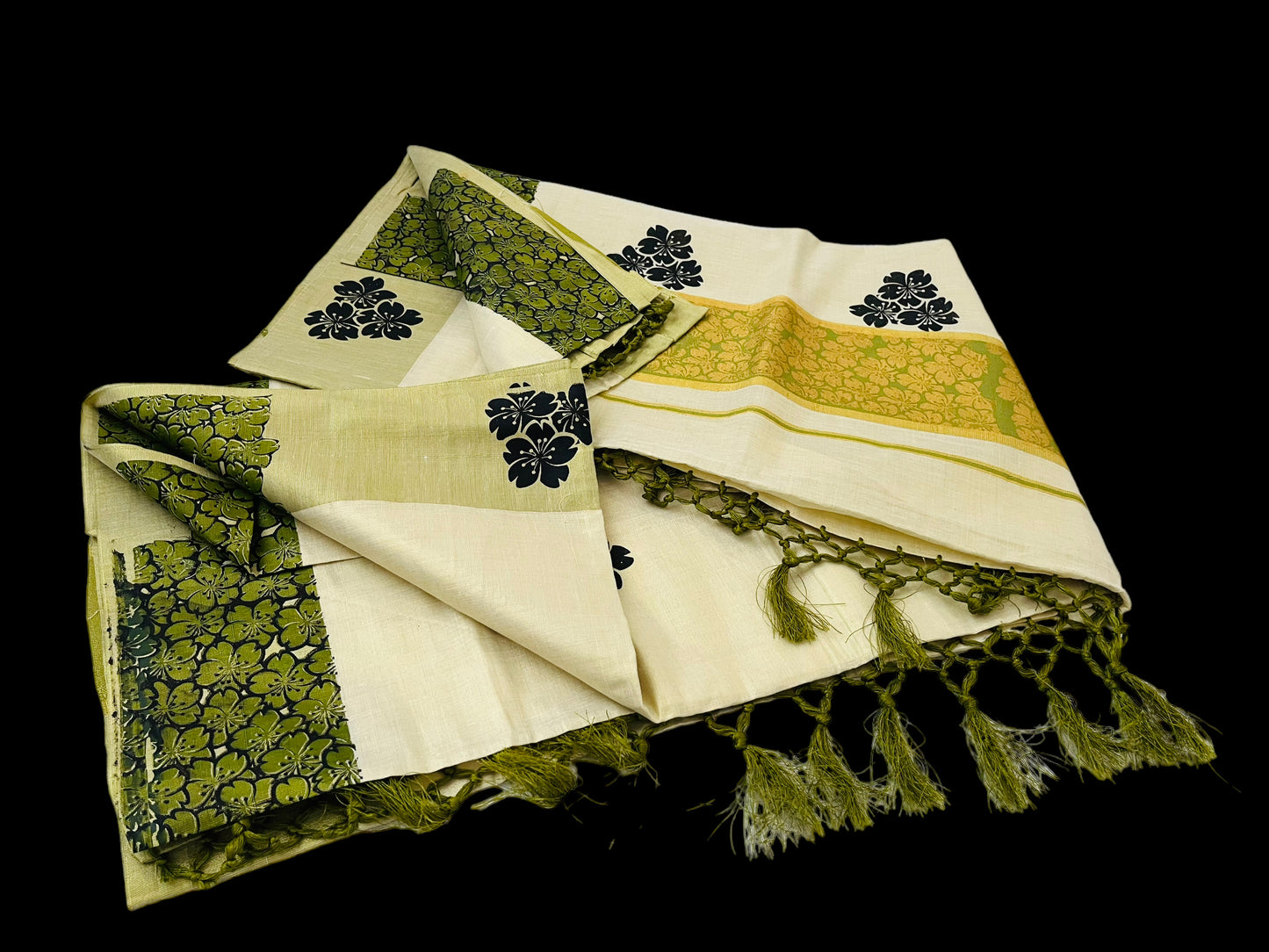 Kerala Set Saree  gold Green Black flowers print border Tissue    | Onam Saree | Petelz | Indian Saree Navaratri | Kasavu Saree