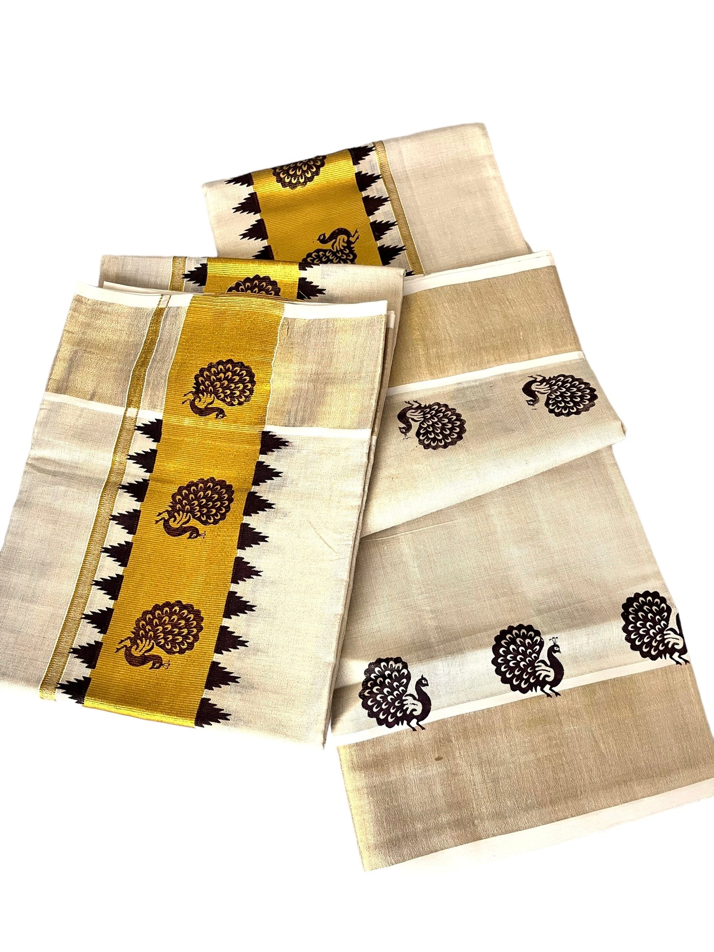 Kerala Traditional set Mundu Tissue coffee brown peacock print gold kasavu| Onam Vishu Mundum Neriyathum| Petelz| Indian  Saree| Janmashtami