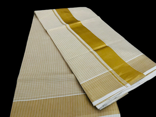 Kerala Onam Set Saree Gold check stripes with blouse |  gold Tissue Saree check stripes| Petelz | |Indian Saree with check lines