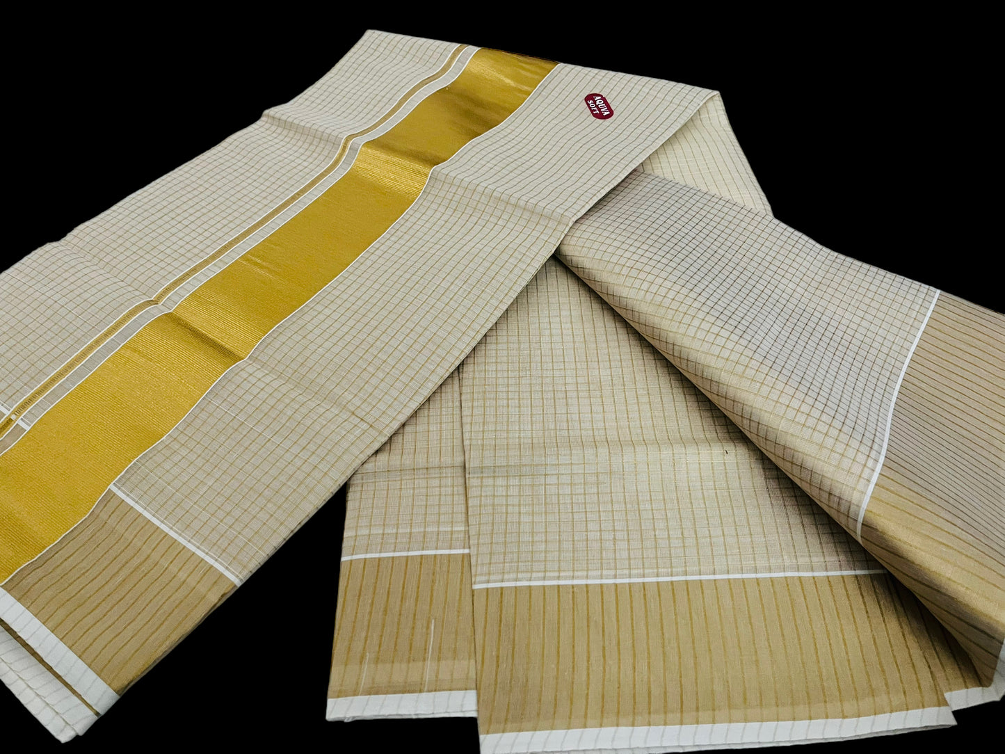 Kerala Onam Set Saree Gold check stripes with blouse |  gold Tissue Saree check stripes| Petelz | |Indian Saree with check lines