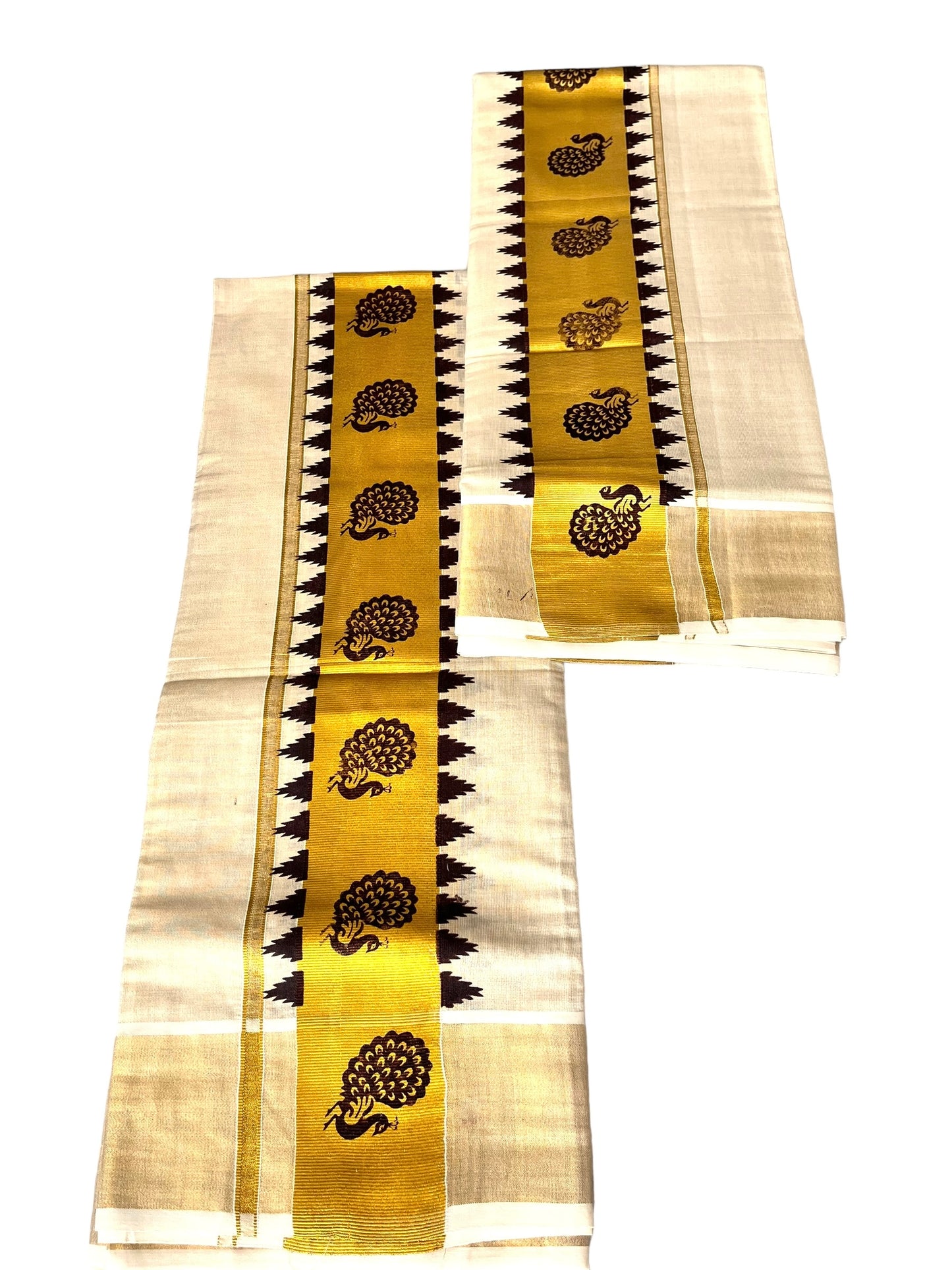 Kerala Traditional set Mundu Tissue coffee brown peacock print gold kasavu| Onam Vishu Mundum Neriyathum| Petelz| Indian  Saree| Janmashtami