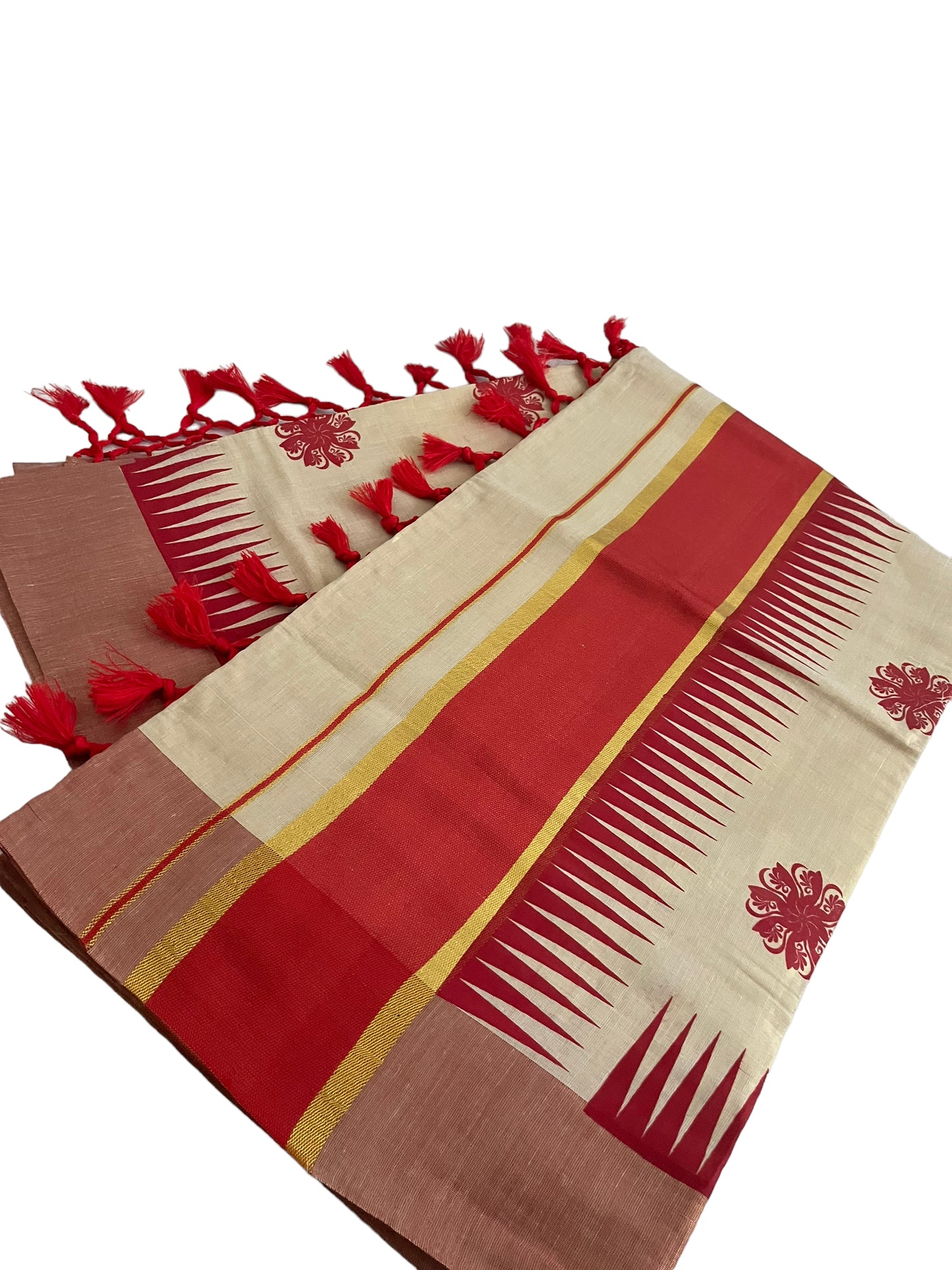 Kerala Saree brown prints in  red and gold kasavu sari| Petelz | Indian sari cotton tissue | red saree with tassels for navratri| Christmas