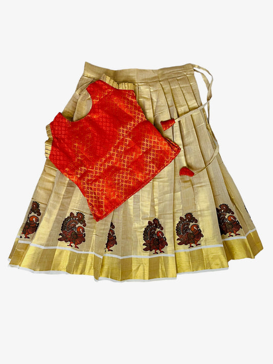 Girls kids Pattu Pavada |Orange Gold Tissue Skirt Blouse| Kerala Traditional Pattu pavadai| Onam Dawani| Kerala saree | Age 0-11|