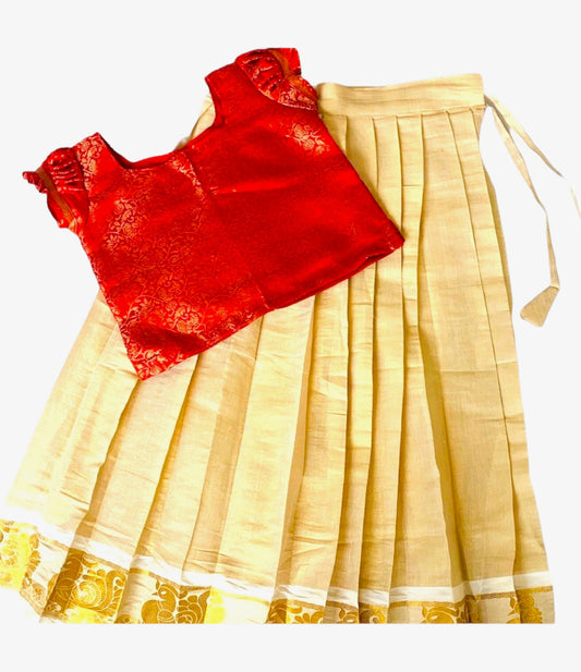 Small girls Pattu Pavada | Kerala Saree Onam Saree Kasavu Saree Onam pattuPavada| Indian dress | Red Skirt Blouse | Onam Dawani| Age 4-5
