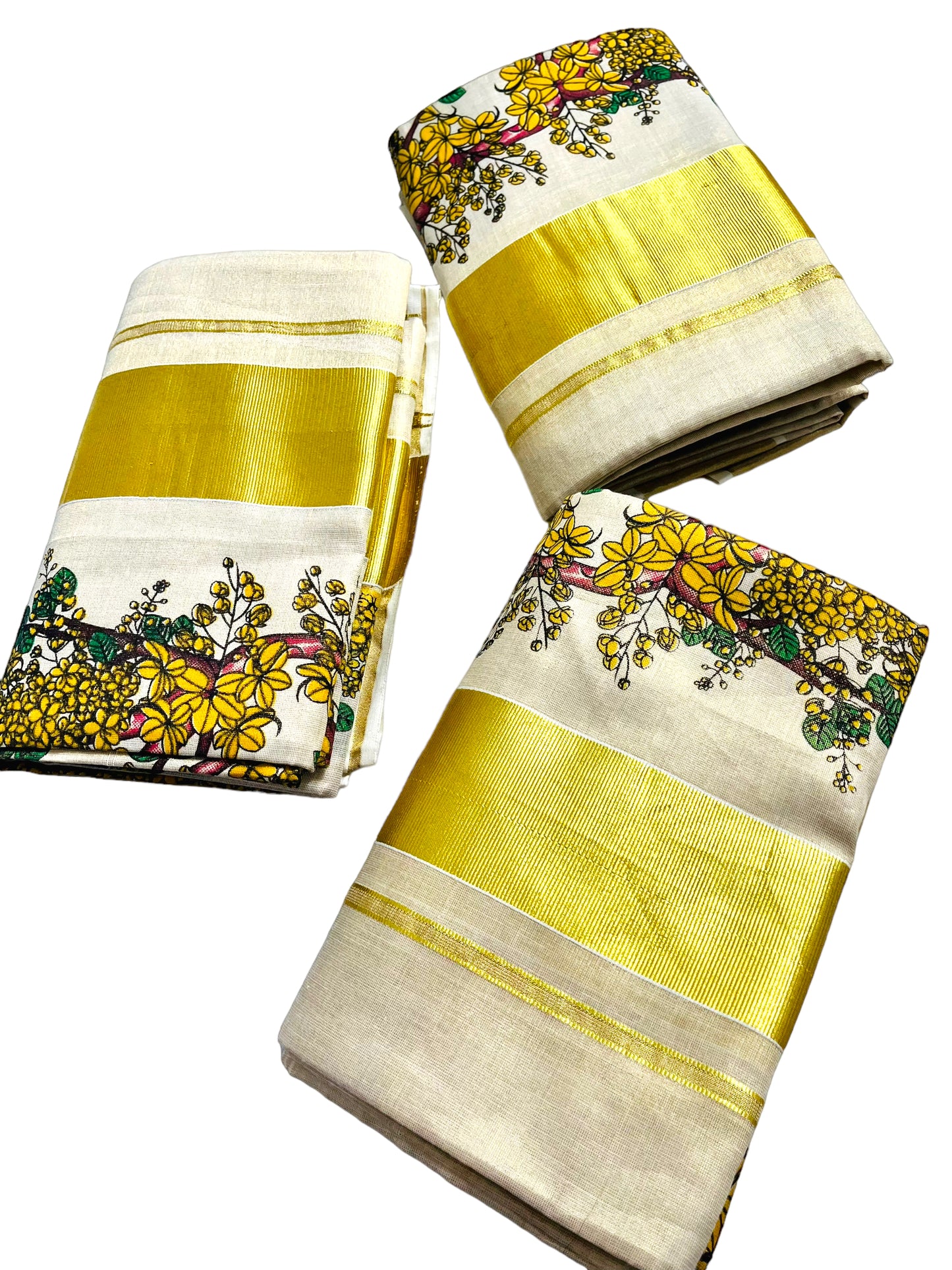 Kerala set Mundu Gold Tissue with yellow flowers (no Blouse) | Onam Vishu Mundum Neriyathum| Petelz|petals | Indian Kerala Saree