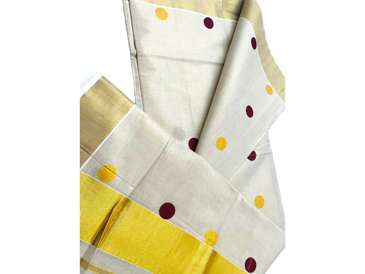 Kerala  Set Saree polka dotted |Onam Saree  Tissue with polka dots brown yellow (with Blouse piece) | Onam|Indian Saree traditional | petelz