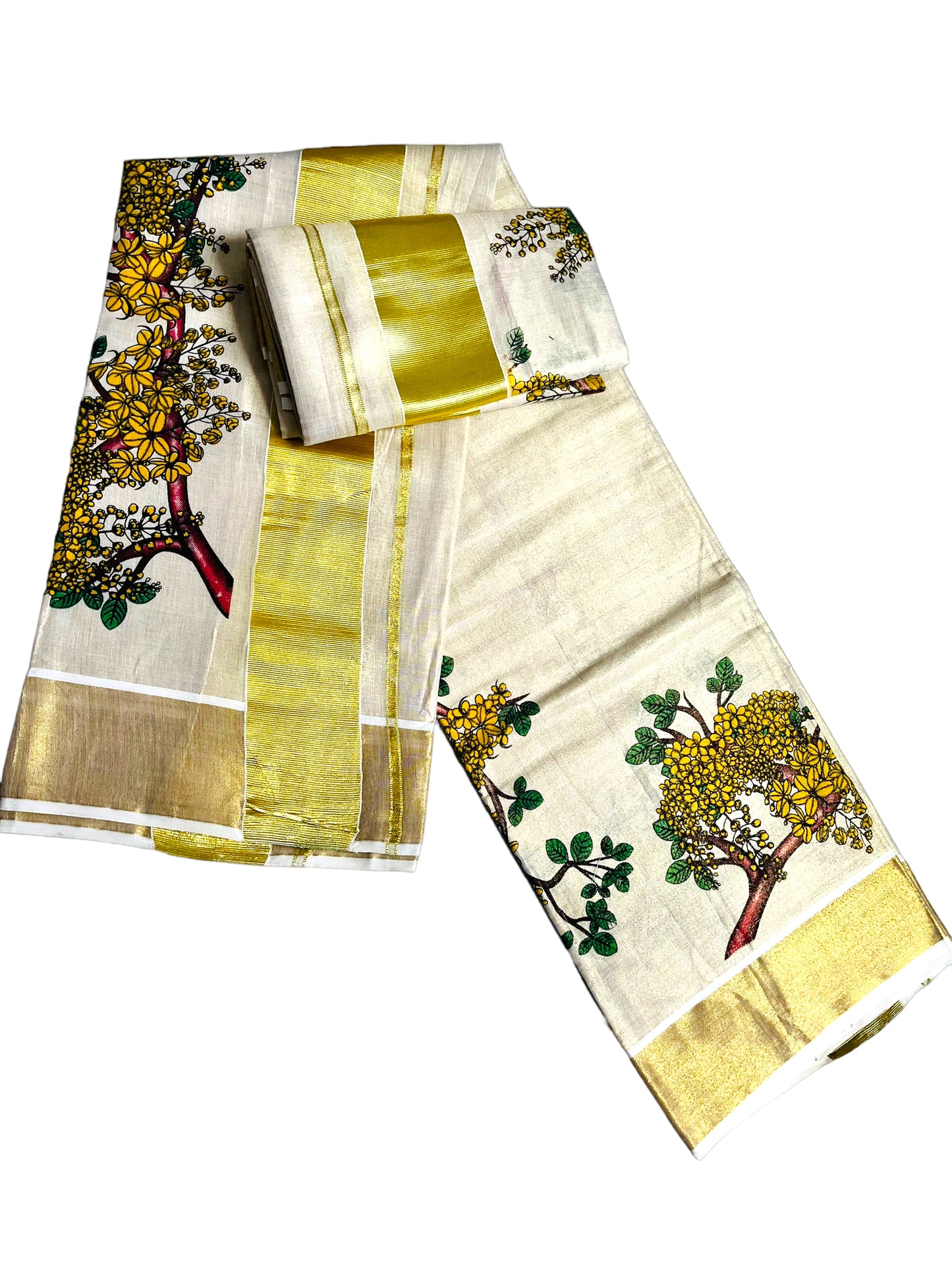 Kerala set Mundu Gold Tissue with yellow flowers (no Blouse) | Onam Vishu Mundum Neriyathum| Petelz|petals | Indian Kerala Saree